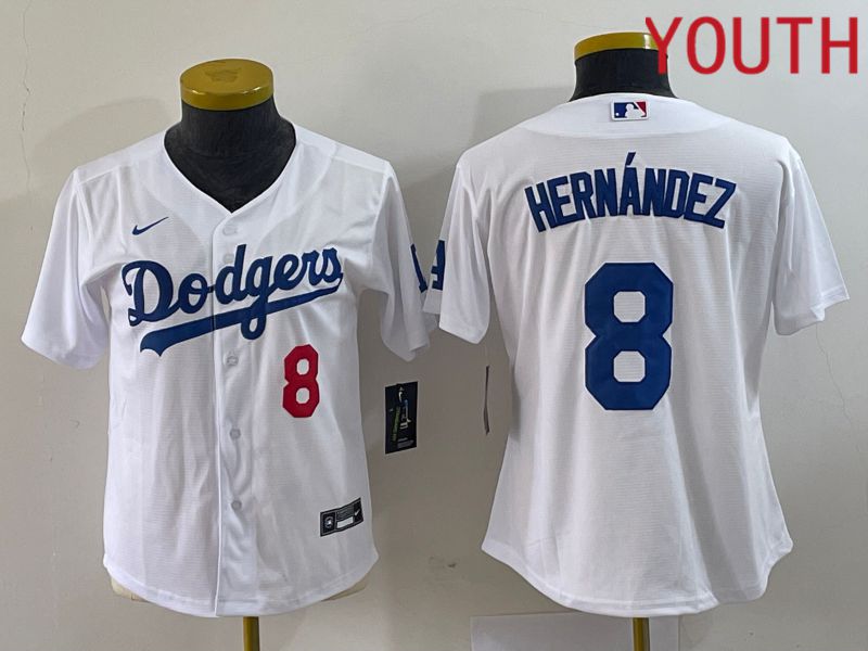 Youth Los Angeles Dodgers 8 Hernandez White Nike Game 2023 MLB Jerseys
